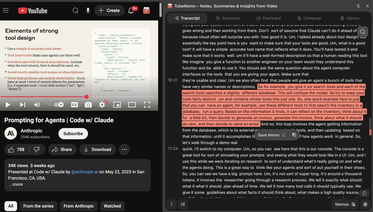 selecting text to highlight in transcript view