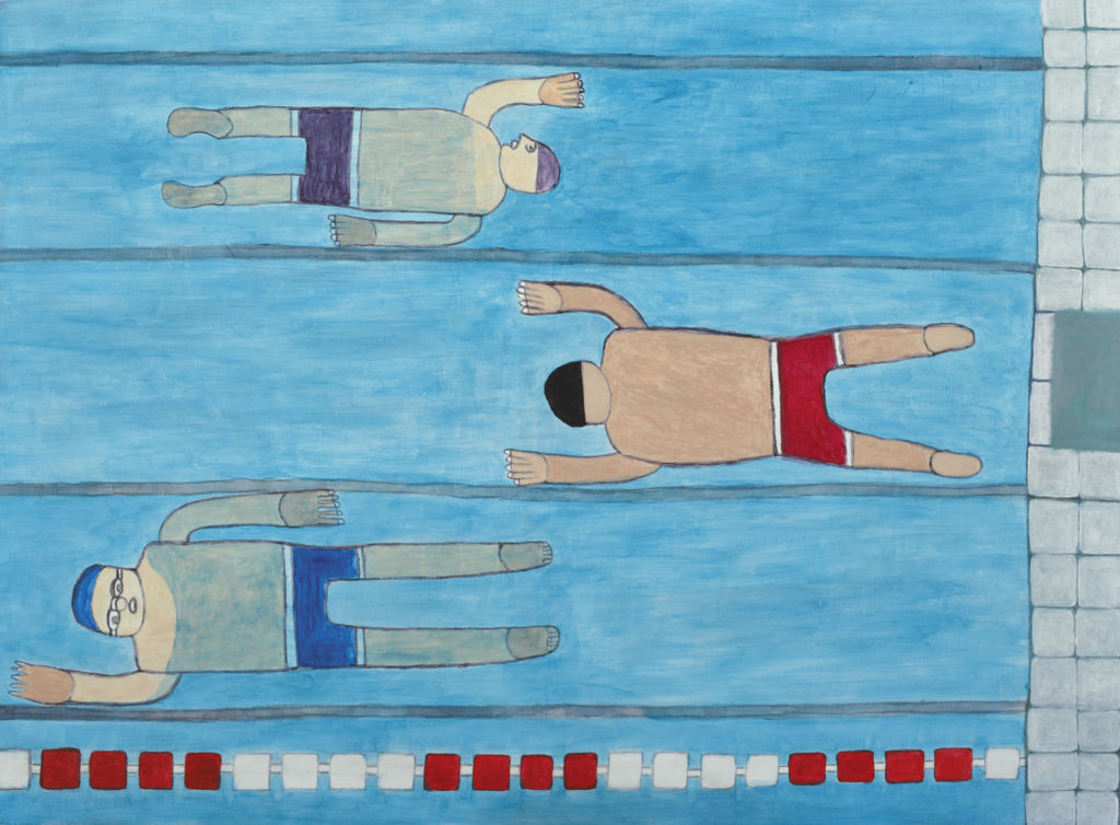 Maalauksessa ui kolme ihmistä uima-altaassa.