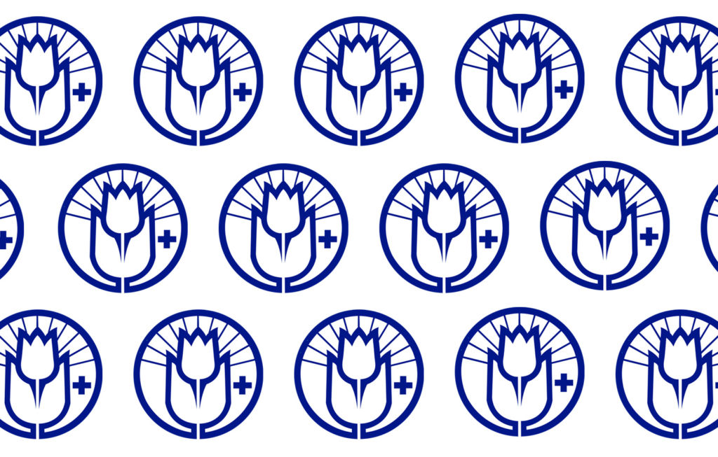 Monta sinistä Tukiliiton logoa valkoisella taustalla. Logossa on tulppaanin kuva ympyrän keskellä.