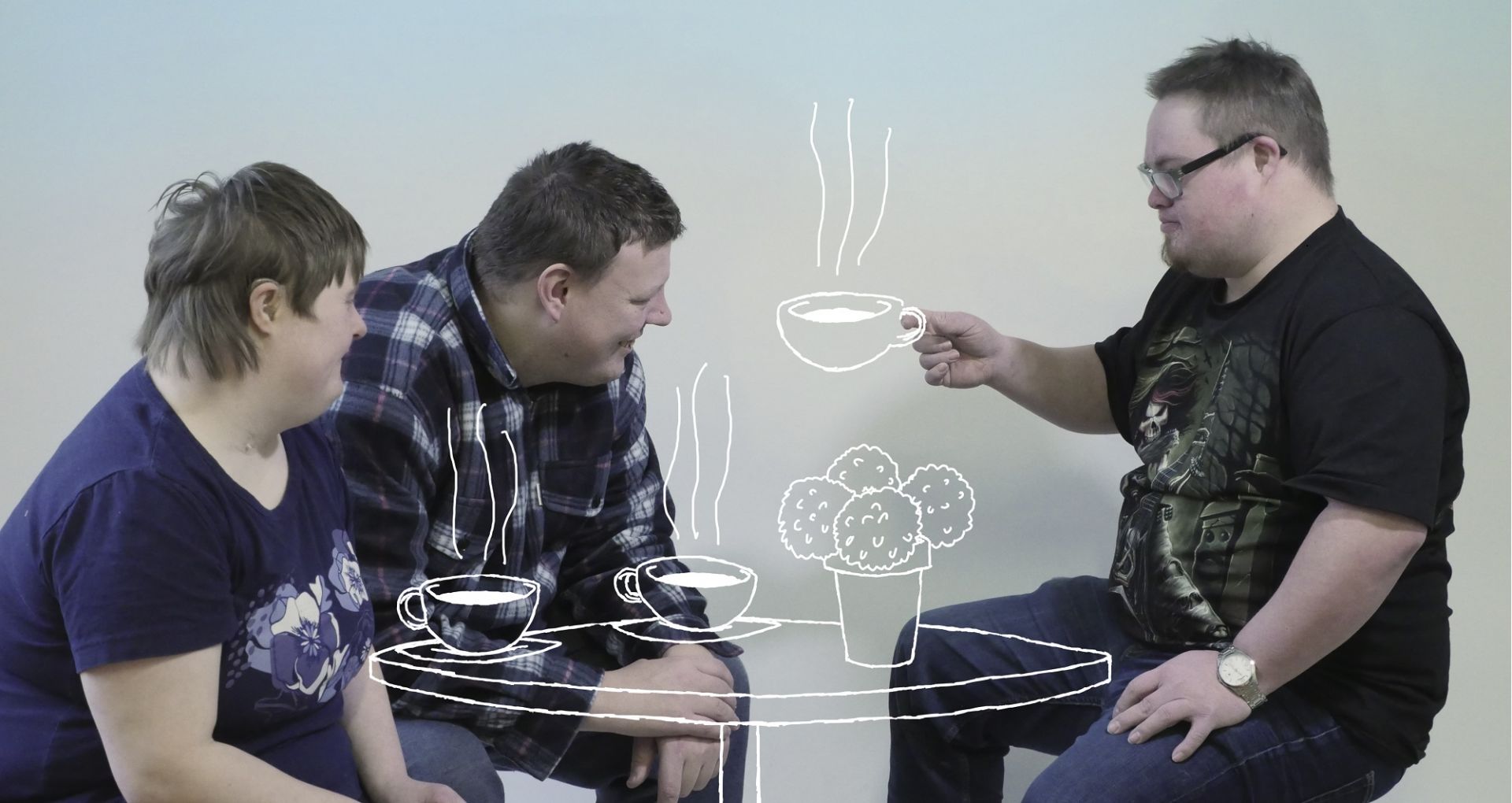 Aarne ja Aune -hankkeen kuvapankkikuva. Kolme ihmistä istuvat piirretyn pöydän ympärillä ja juovat kahvia. Tekijä Omillaan-osuuskunta