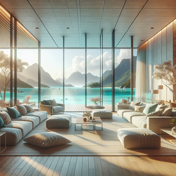 amazing modern interior design living room comfortable couches with ocean and mountain view