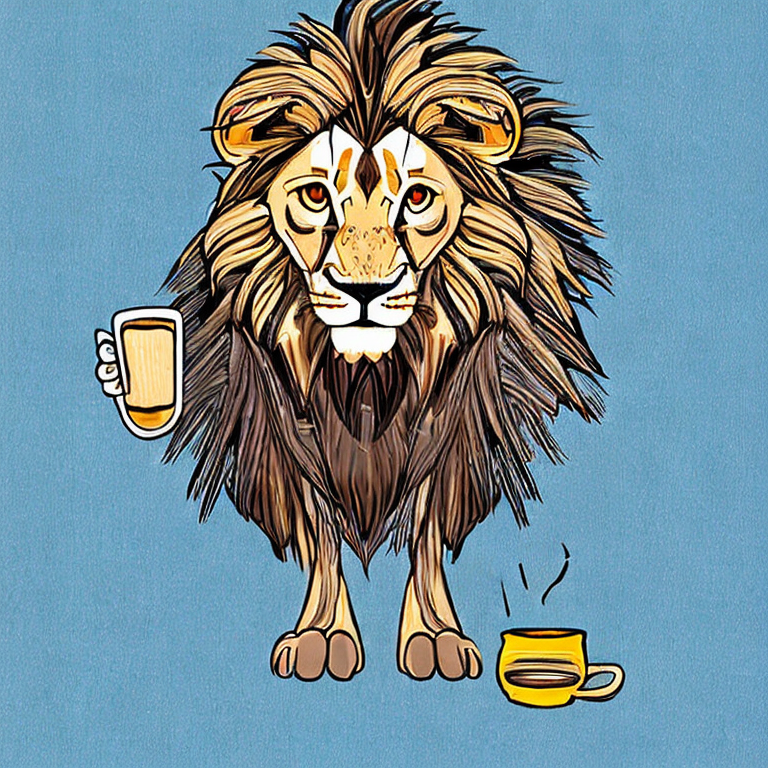 a lion drinking coffie
, illustration