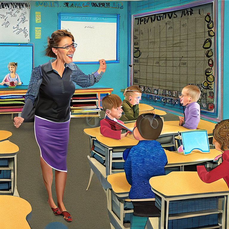 beautiful excited teacher in classroom, award-winning, concept art, highly detailed