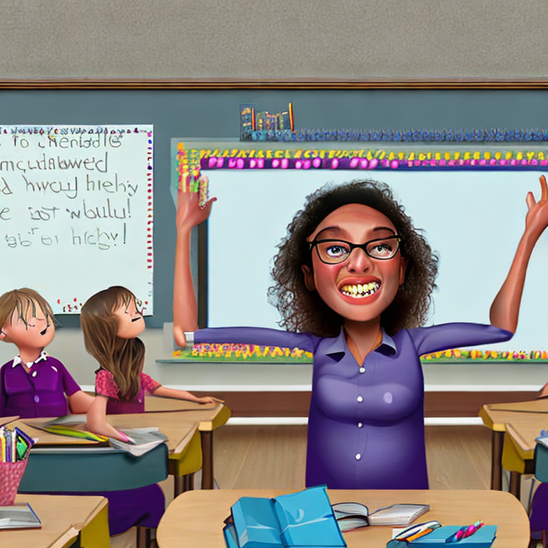 beautiful excited teacher in classroom, award-winning, concept art, highly detailed