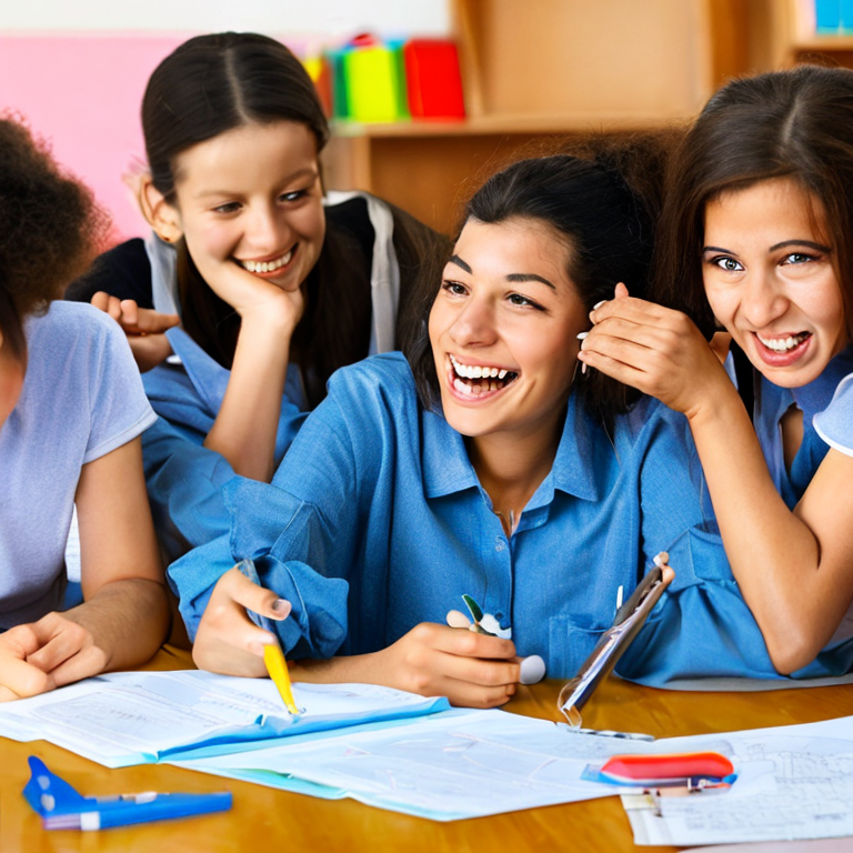 beautiful excited happy teacher and students in classroom, award-winning