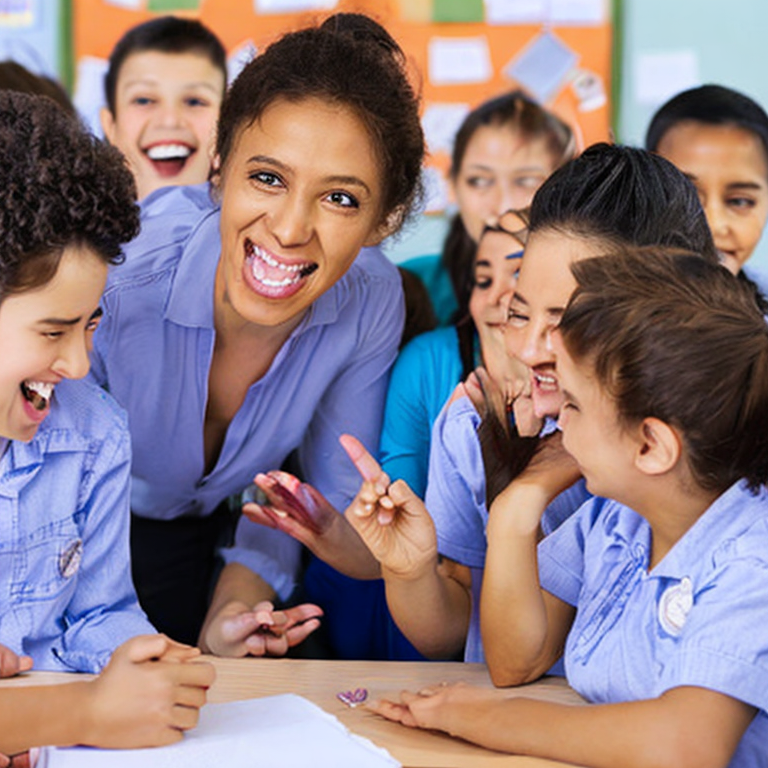 beautiful excited happy teacher and students in classroom, award-winning