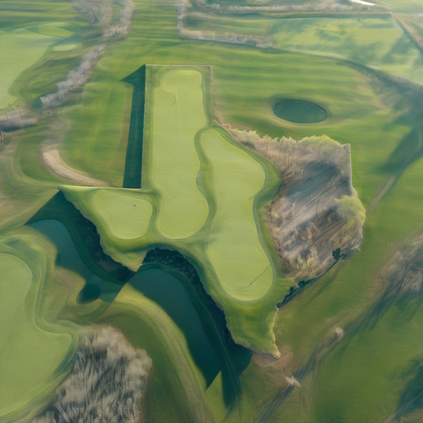 aerial view of a golf course shaped like Texas, surrounded by farms and ranches