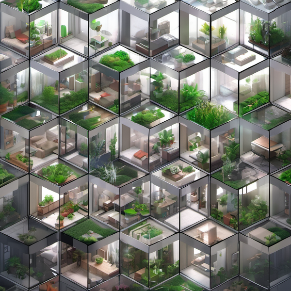 Cute cube city, modern houses, glass, plants inside living rooms, trending on artstation