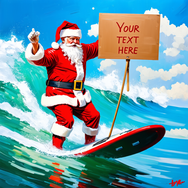 Santa Clause surfing, oil painting, holding a sign that says, "Your text here"