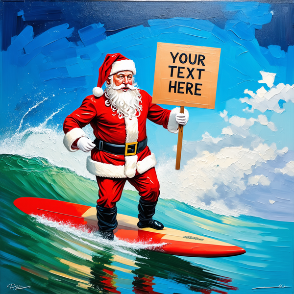 Santa Clause surfing, oil painting, holding a sign that says, "Your text here"