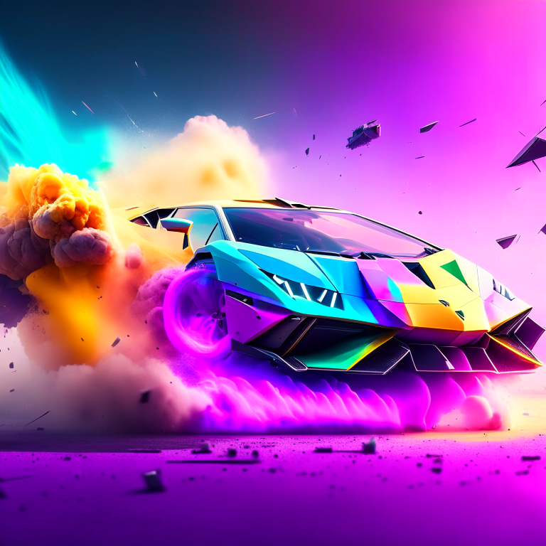 A Lamborghini flying car concept exploding into colorful dust