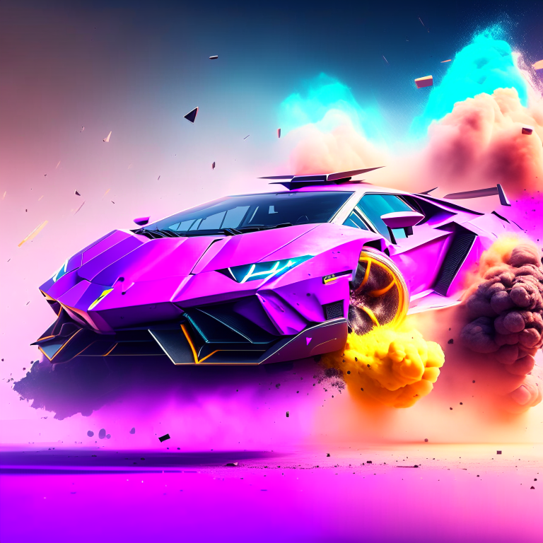 A Lamborghini flying car concept exploding into colorful dust