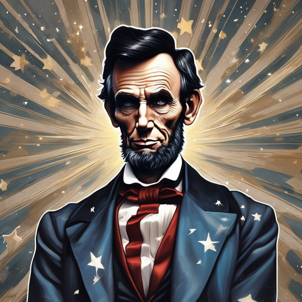 portrait of Abraham Lincoln as a superhero, muscular, stars, time warp background