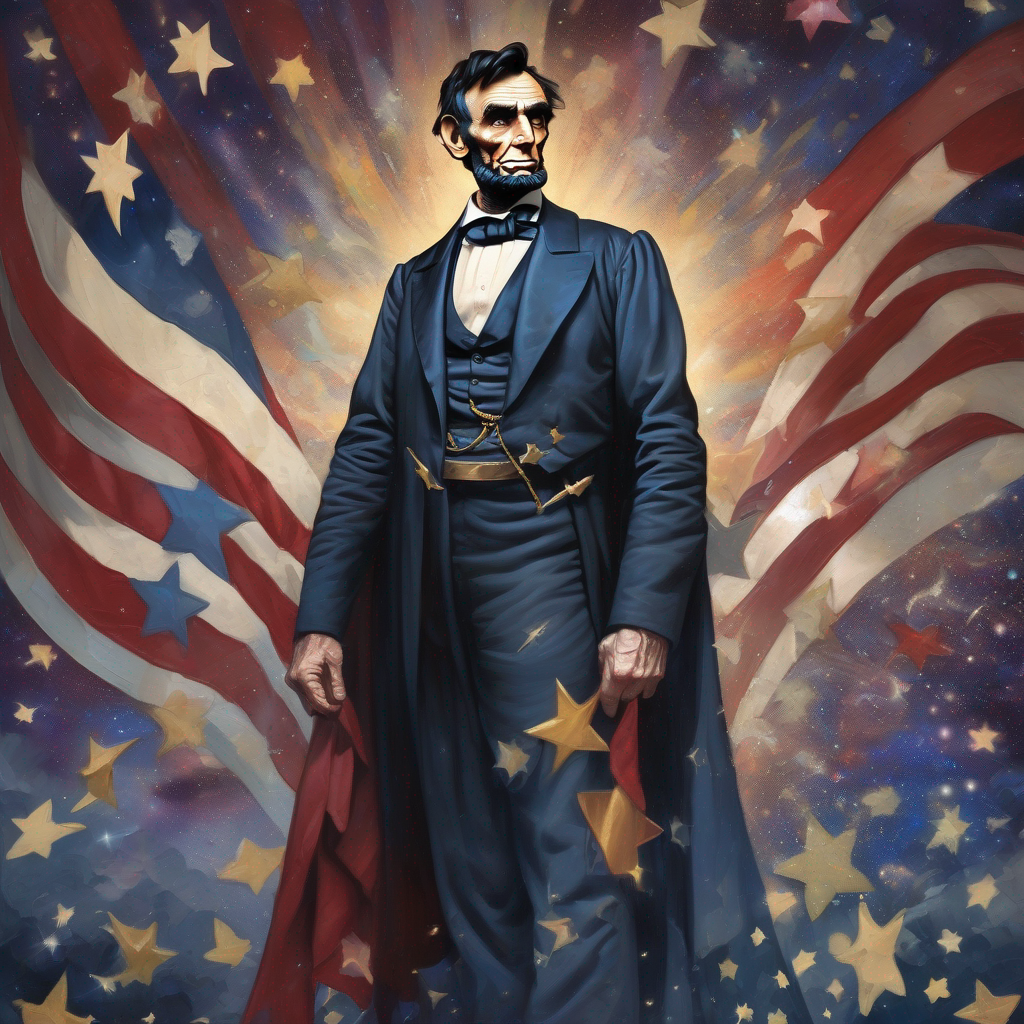 portrait of Abraham Lincoln as a superhero, muscular, stars, time warp background