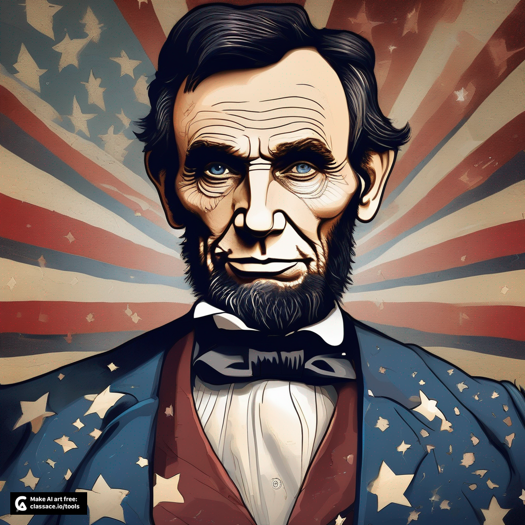 portrait of Abraham Lincoln as a superhero, muscular, stars, time warp background