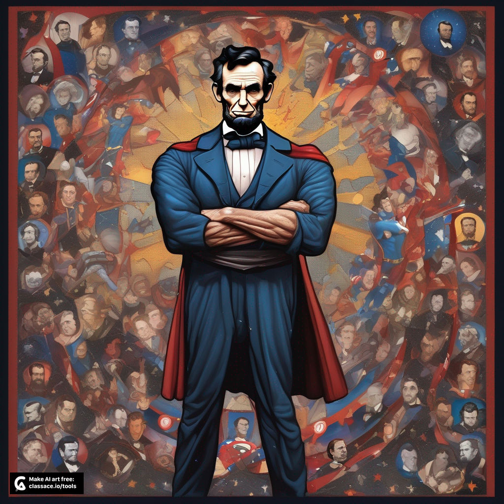 portrait of Abraham Lincoln as a superhero, muscular, stars, time warp background