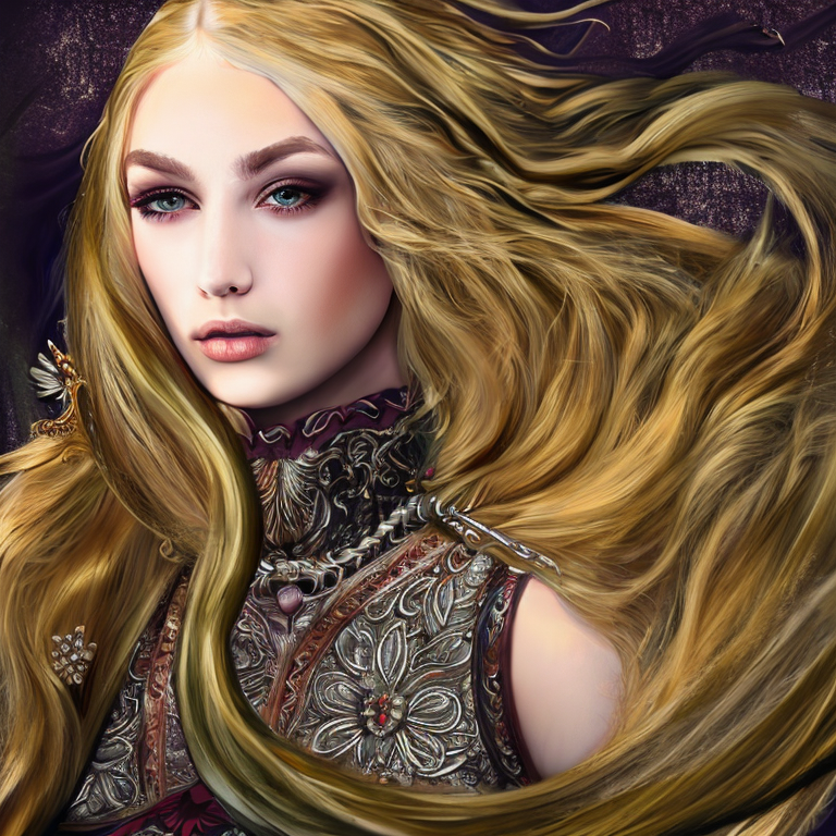 Stunning portrait of young woman, long blonde hair, queen of dragons, digital art, ornate, trending on Artstation