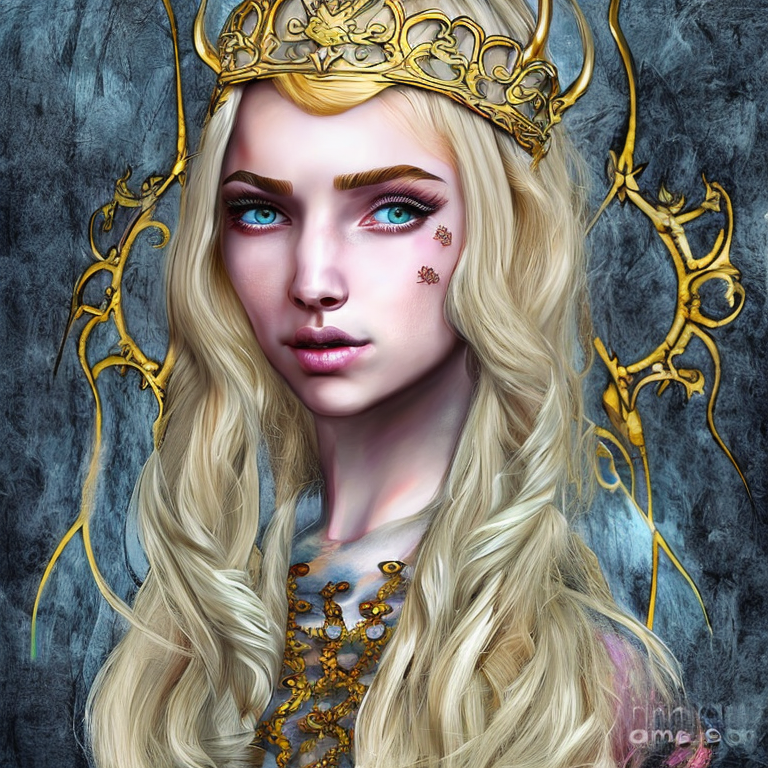 Stunning portrait of young woman, long blonde hair, queen of dragons, digital art, ornate, trending on Artstation