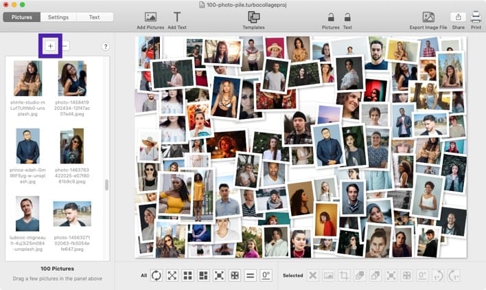 Screenshot of TurboCollage software showing the control to add a lot of pictures to the collage.