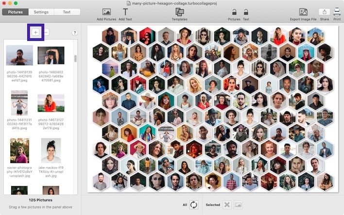 Screenshot of TurboCollage showing controls used to add photos to the collage.