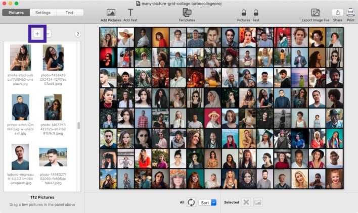 Screenshot of TurboCollage software showing the control to add a large number of pictures to fill the grid.