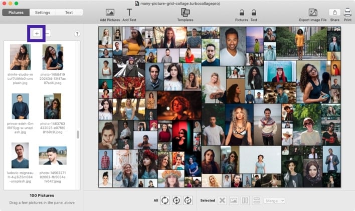 Screenshot of TurboCollage software showing the control to add many pictures to the photo grid.