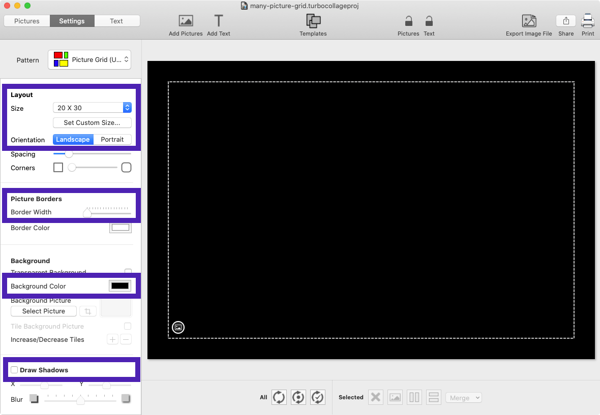 Screenshot of TurboCollage highlighting the controls to set collage size and the controls to modify a few other settings.