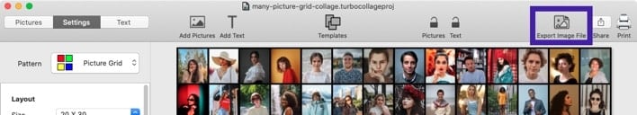 Screenshot of TurboCollage showing the control to export the many picture grid to JPG.