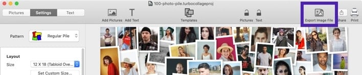 Screenshot of TurboCollage software showing the control to export the 100 photo collage to a JPG.