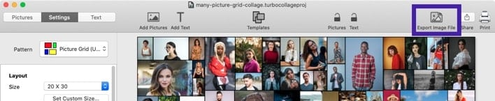 Screenshot of TurboCollage software highlighting the control to export the 100 picture grid to a JPG.