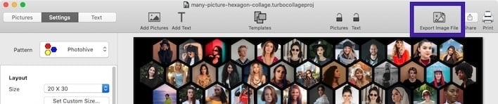 Screenshot of TurboCollage software showing the controls to export the collage to a JPG.