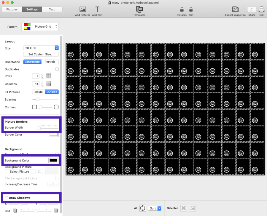 Screenshot of TurboCollage showing controls to adjust Border Width, Background Color, and Shadows.