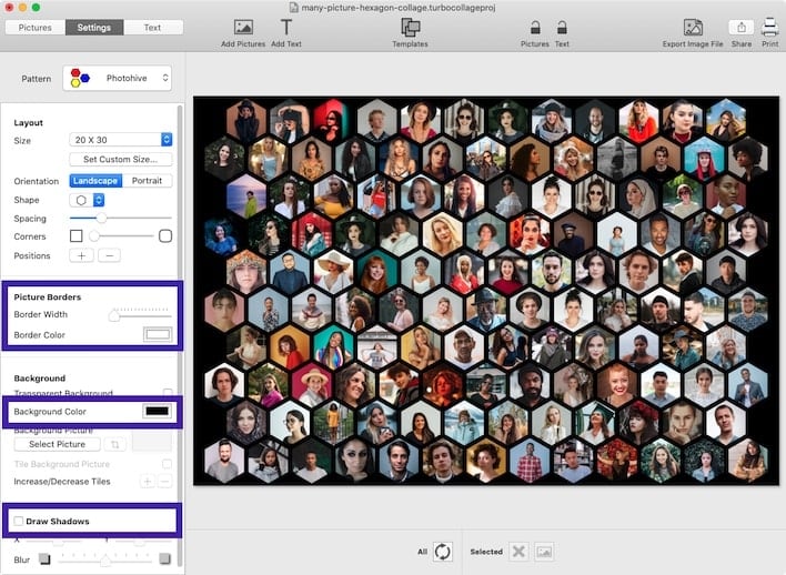 Screenshot of TurboCollage software showing the controls to adjust Border Width, Background Color, and Shadows.