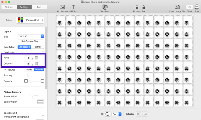 Screenshot of TurboCollage showing controls to adjust the number of rows and columns in a photo grid.