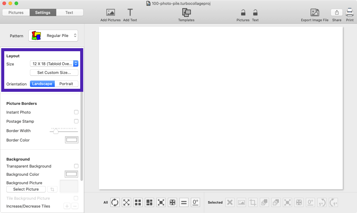 Screenshot of TurboCollage software showing how to set the size of the many photo collage.