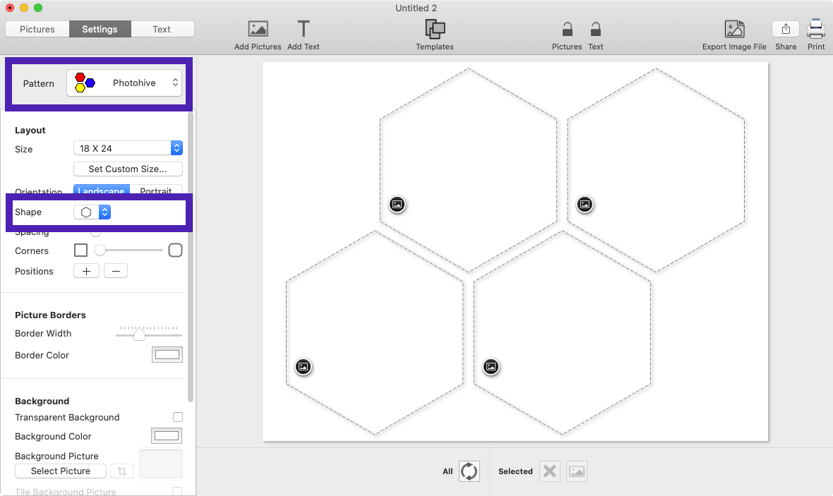 Screenshot of TurboCollage software showing how to set the Photohive pattern with the Hexagon shape.