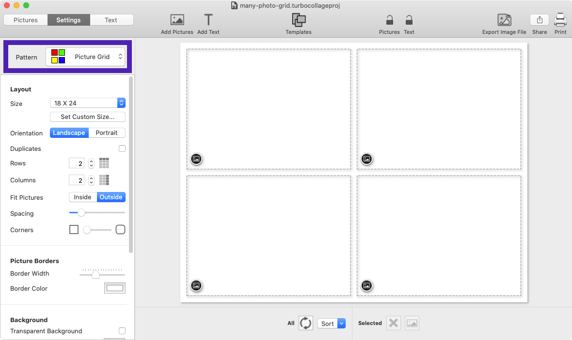 Screenshot of TurboCollage software showing how to set the Picture Grid pattern.