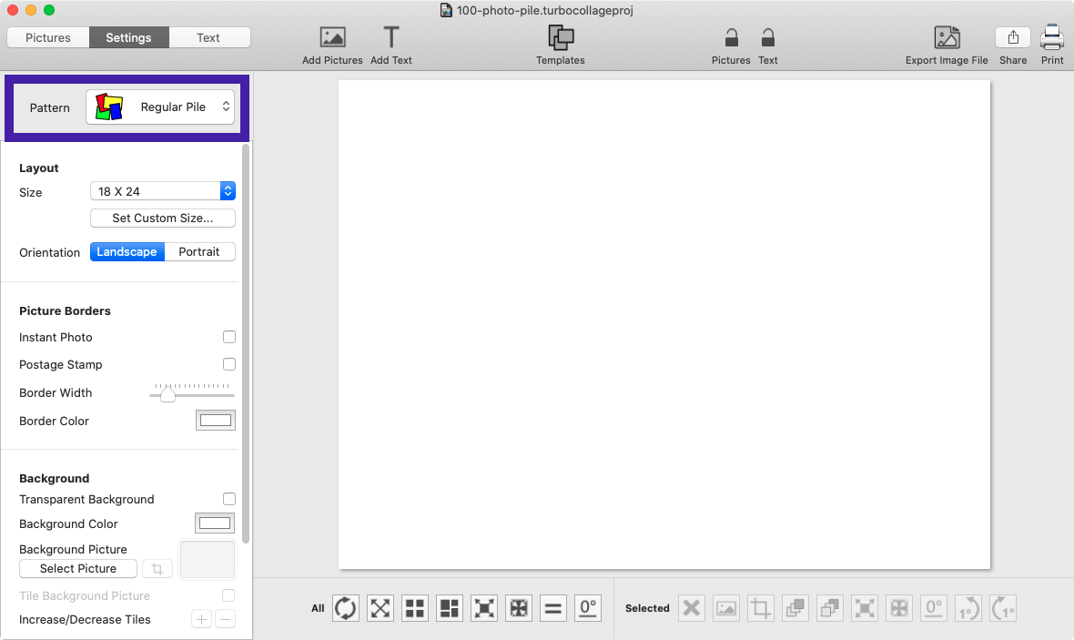 Screenshot of TurboCollage software showing how to select the Picture Pile pattern.