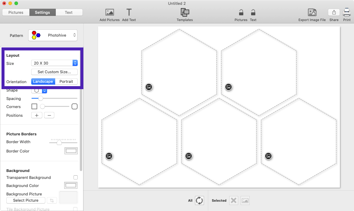 Screenshot of TurboCollage software showing the controls used to set the collage size.