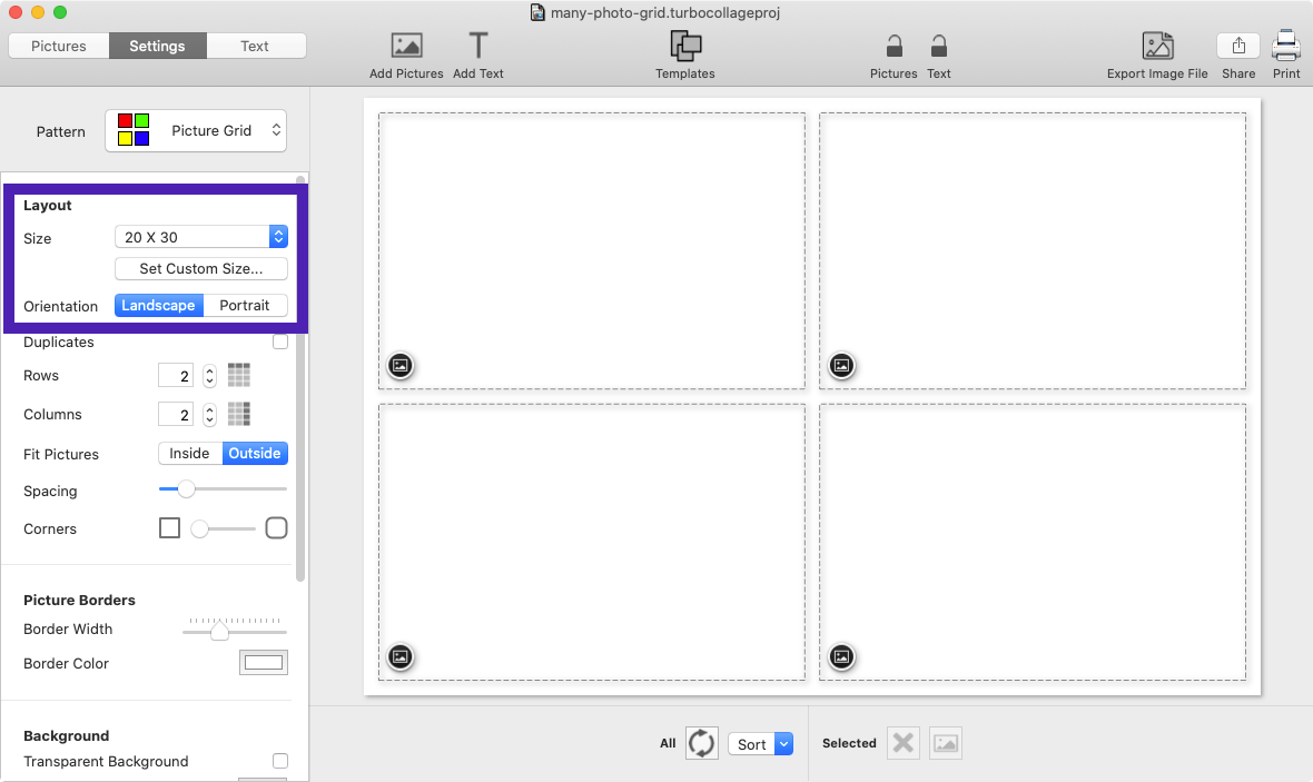 Screenshot of TurboCollage software showing how to set the size of the 100 photo grid.