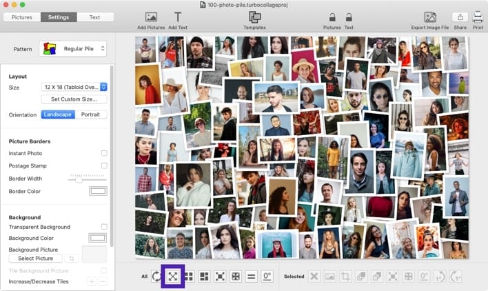 Screenshot of TurboCollage software showing how to use the Spreadout tool to spread pictures all over the canvas.