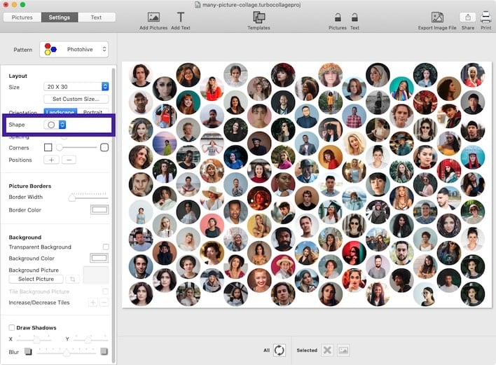 Screenshot of TurboCollage showing the selection of Photohive pattern and Circle shape to make a large collage.