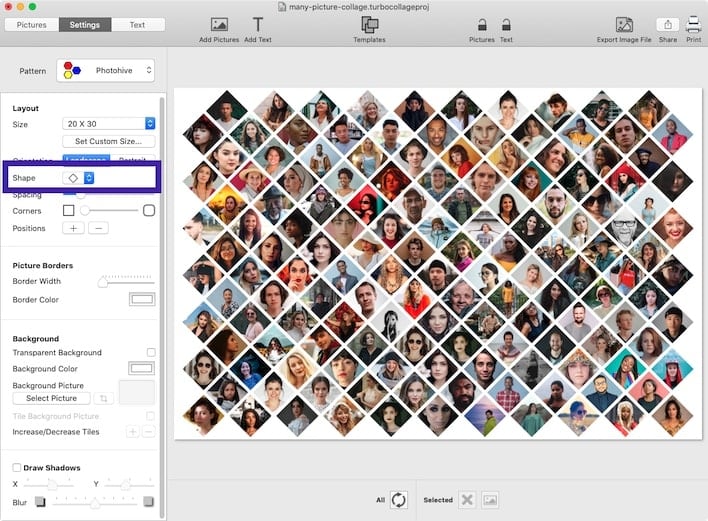 Screenshot of TurboCollage showing the selection of Photohive pattern and Diamond shape to make a large collage.