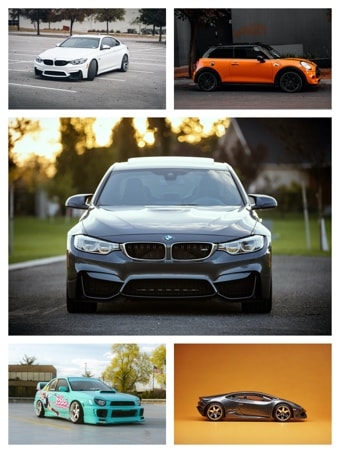 A 5-picture collage made from pictures of cars with a large picture in centre.