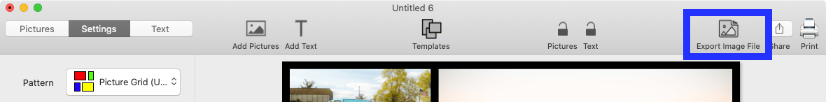 Screenshot of TurboCollage software highlighting the control to export the 5 photo collage to JPG.