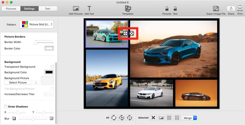 Screenshot of TurboCollage software highlighting the controls to pan and zoom a picture.