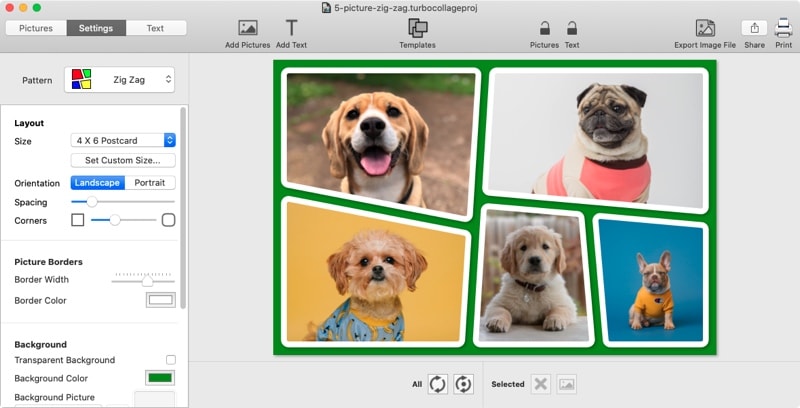 Screenshot of TurboCollage showing a 5-photo zig-zag collage