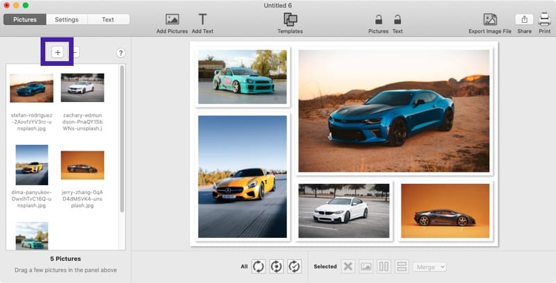 Screenshot of TurboCollage software highlighting the control to add photos.