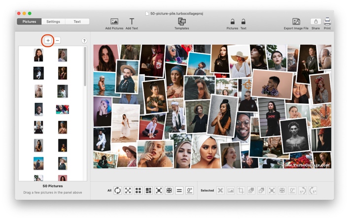 Screenshot of TurboCollage software showing how to add pictures to the collage.