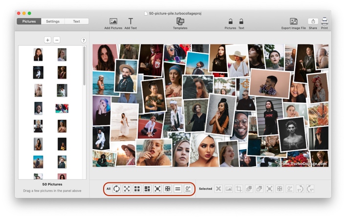 Screenshot of TurboCollage software highlighting tools to customize the collage layout.